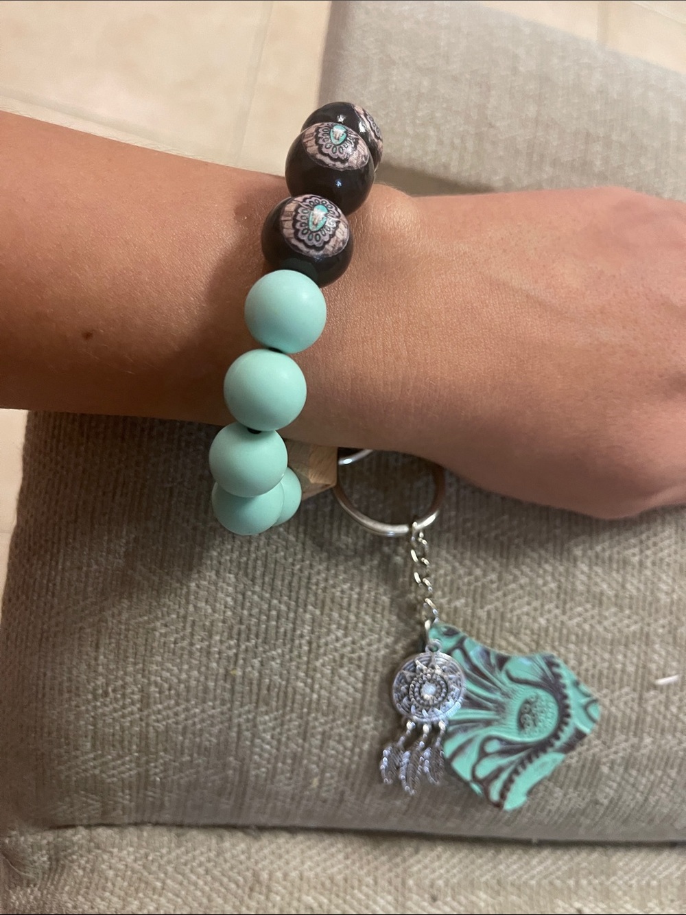 Beaded Mint and black  Stretch Bracelet - with keychain